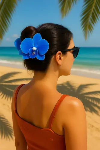 Aloha Orchid Flower Summer Beach-Dress Combo Sandal Hair Clip-Blue 
