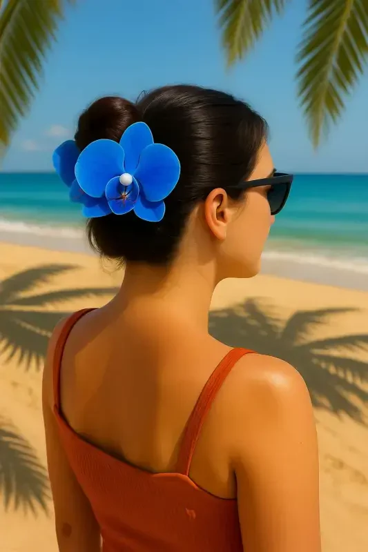 Aloha Orchid Flower Summer Beach-Dress Combo Sandal Hair Clip-Blue - 1