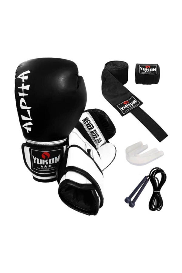 Alpha Boxing Gloves Black + Boxing Wraps + Mouthguard + Jump Rope - 4-Piece Set - 1