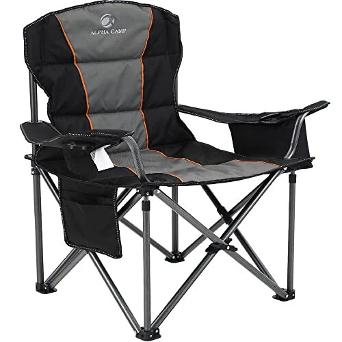 ALPHA CAMP Oversized Camping Folding Chair, Heavy Duty Support 450 LBS Steel Frame Collapsible Padded Arm Chair with Cup Holder Quad Lumbar Back, Portable for Outdoor - ALPHA CAMP