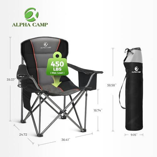 ALPHA CAMP Oversized Camping Folding Chair, Heavy Duty Support 450 LBS Steel Frame Collapsible Padded Arm Chair with Cup Holder Quad Lumbar Back, Portable for Outdoor - 5