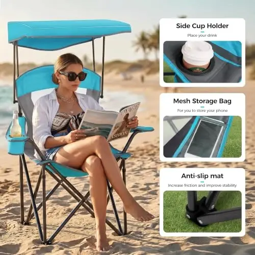 ALPHA CAMP Heavy Duty Canopy Camping Chairs with Adjustable Sunshade | Heavy duty 400 LBS, Steel Frame, Sturdy, Ergonomic,600D Oxford fabric ,Phone holder Cup holder,Carry Bag,Easy to set up - 6