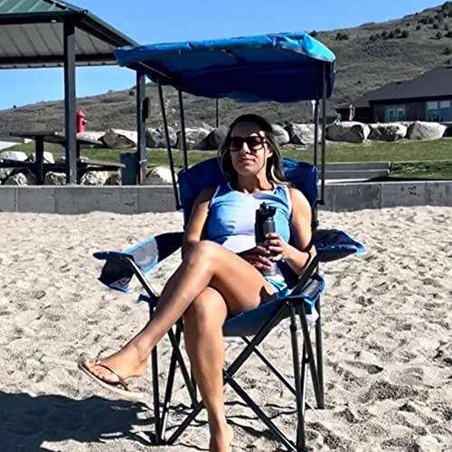 ALPHA CAMP Heavy Duty Canopy Lounge Chair Sunshade Hiking Travel Chair with Cup Holder Enamel Blue - 2