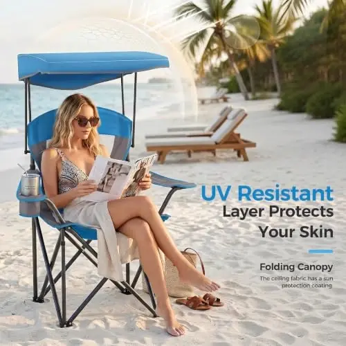 ALPHA CAMP Heavy Duty Canopy Lounge Chair Sunshade Hiking Travel Chair with Cup Holder Enamel Blue - 5