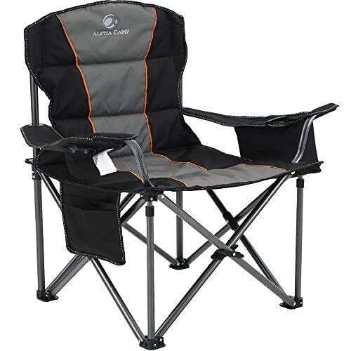 ALPHA CAMP Oversized Camping Folding Chair, Heavy Duty Support 450 LBS Steel Frame Collapsible Padded Arm Chair with Cup Holder Quad Lumbar Back, Portable for Outdoor, Black - 1