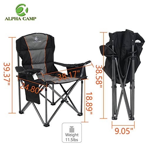 ALPHA CAMP Oversized Camping Folding Chair, Heavy Duty Support 450 LBS Steel Frame Collapsible Padded Arm Chair with Cup Holder Quad Lumbar Back, Portable for Outdoor, Black - 2