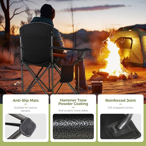 ALPHA CAMP Oversized Camping Folding Chair, Heavy Duty Support 450 LBS Steel Frame Collapsible Padded Arm Chair with Cup Holder Quad Lumbar Back, Portable for Outdoor, Black - 7