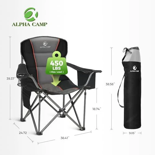 ALPHA CAMP Oversized Camping Folding Chair, Heavy Duty Support 450 LBS Steel Frame Collapsible Padded Arm Chair with Cup Holder Quad Lumbar Back, Portable for Outdoor, Black - 5