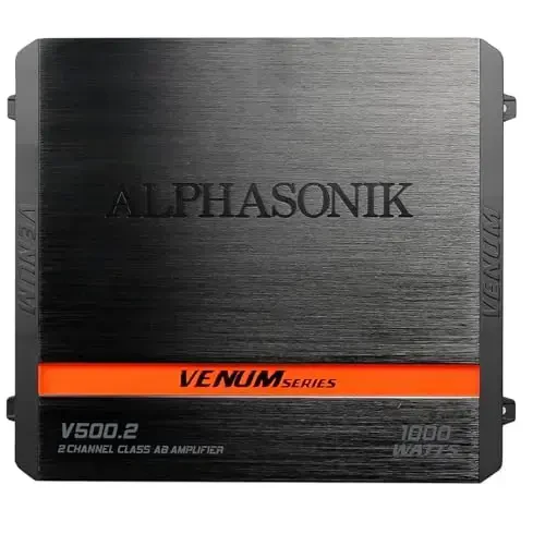 Alphasonik V500.2 Venum Series 1000 Watts Max 2-Channel Car Amp with Power Plant Chip 4-Way Protection Circuitry Multi-Channel Bridgeable Class A/B with Low Level Outputs & High Level Input - 2