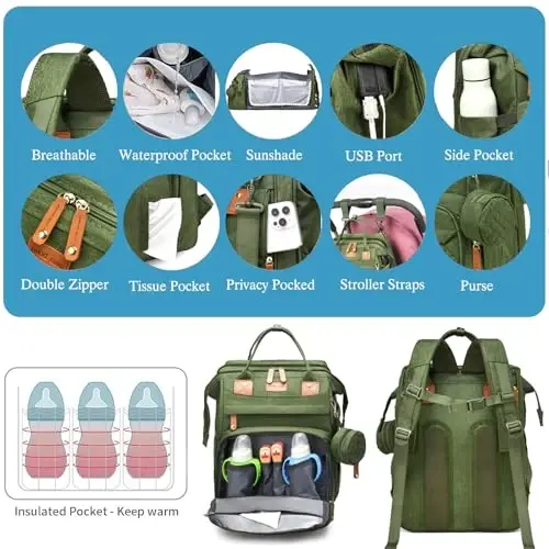 Jeryswet Baby Diaper Bags with Changing Station, Waterproof Large Capacity Diaper Bag Backpack for Moms Dads with USB Charging Port and Stroller Straps, Baby Shower Gifts, Green - 5