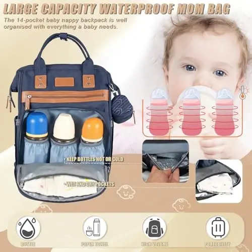 Heegel Diaper Backpack with Changing Pad, Baby Diaper Bag for Mom & Dad with Multipurpose Pockets, Large Stylish Baby Bag for Boy & Girl Toddler (Navy Blue) - 2