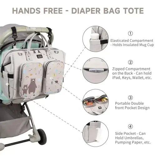 Diaper Bag Totes with Changing Pad & Stroller Straps, Large Portable Newborn Baby Bags, Unisex and Stylish Travel Diaper Backpacks for Mom and Dad (cute bear pattern) - 4