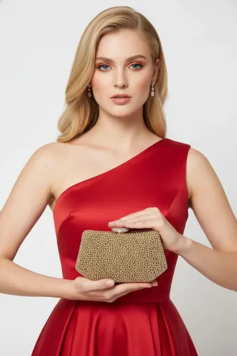 Altın Renk İncili Abiye Çanta Sedef Renk Gelin Çantası Abiye Çanta Gece Çantası Portföy Clutch-Altın 