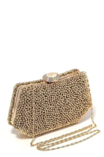 Altın Renk İncili Abiye Çanta Sedef Renk Gelin Çantası Abiye Çanta Gece Çantası Portföy Clutch - Altın - 3