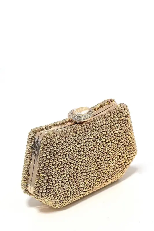 Altın Renk İncili Abiye Çanta Sedef Renk Gelin Çantası Abiye Çanta Gece Çantası Portföy Clutch - Altın - 4