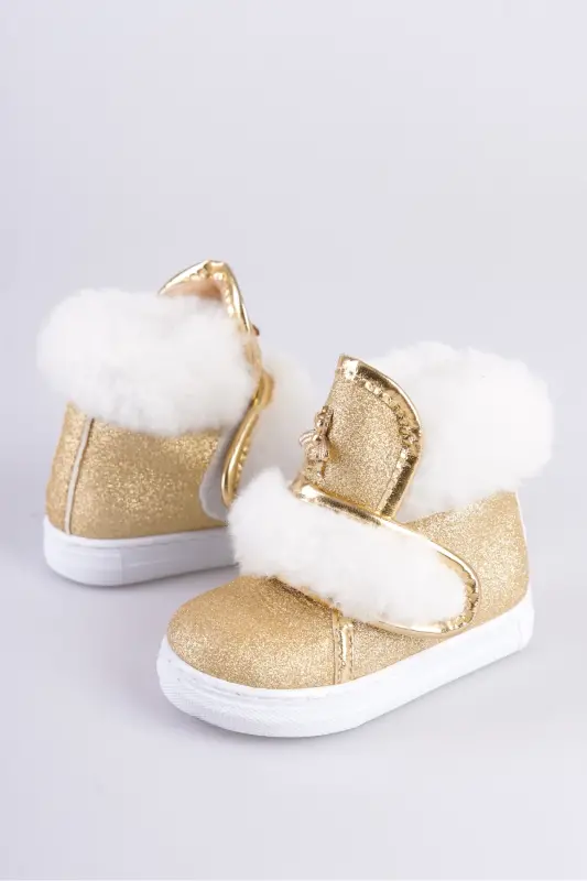 Altın Simli Kürklü Arı Detaylı Cırtlı Kaymaz Taban Kız Çocuk Bot-Altın Sim - 2