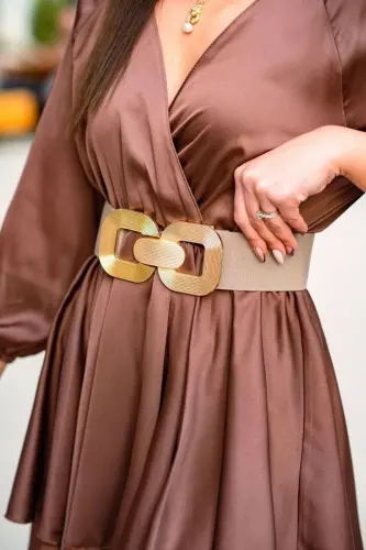 Gold Tokalı Geçmeli Elastik Kadın Kemeri, Ceket Kemeri, Gömlek Kemeri, Elbise Kemeri - BEJ 