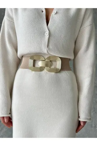 Altın Tokalı Geçmeli Elastik Kadın Kemeri, Ceket Kemeri, Gömlek Kemeri, Elbise Kemeri-BEJ - 2