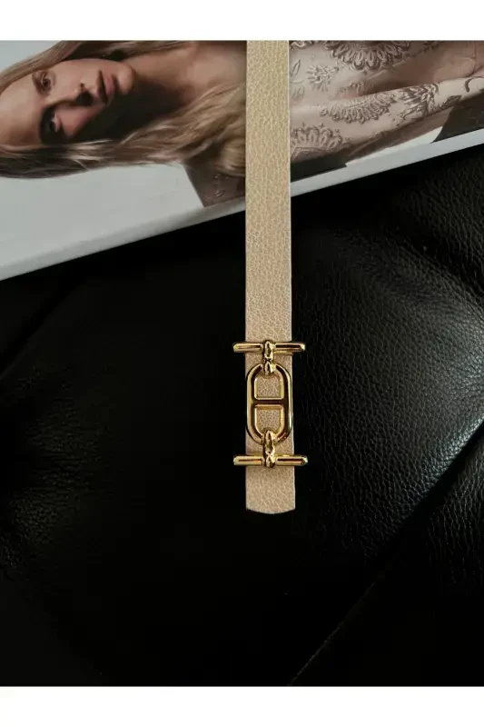 Gold Tokalı İnce Kemer, Pantolon Kemeri, Gömlek Kemeri, Ceket Kemeri-Bej - 1