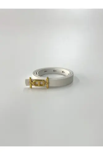 Gold Tokalı İnce Kemer, Pantolon Kemeri, Gömlek Kemeri, Ceket Kemeri - Beyaz-Gold - 3