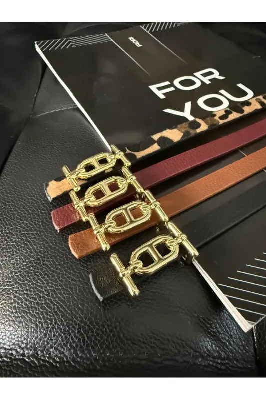 4’lü Gold Tokalı İnce Kemer, Pantolon Kemeri, Gömlek Kemeri, Ceket Kemeri - Siyah-Taba-Bordo-Leopar - FIORI