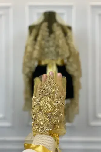 Gold Vıp Deluxe Gelin Duvak Seti, Kına Duvağı 6 Parça Tam Set-Gold - 5