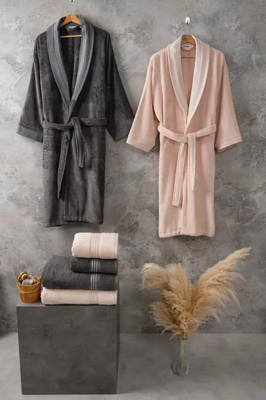 Altınbaşak Bamboo Bathrobe Set Flame Gray Peach - 1