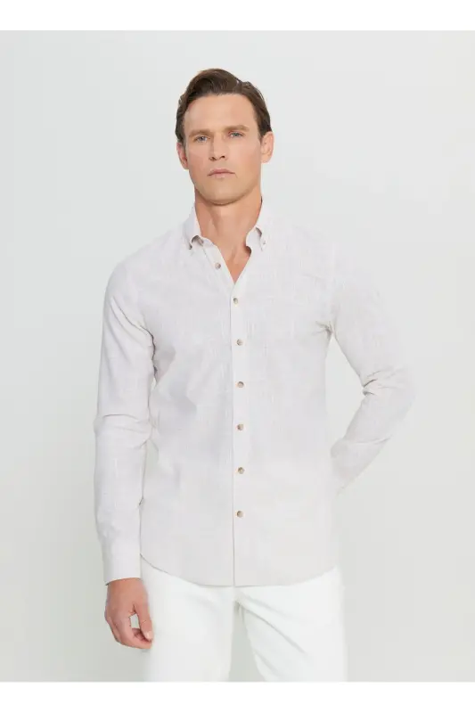 Altınyıldız Classics Slim Fit Button-Down Collar Beige Men's Shirt ACE020252168_BEJ - 3