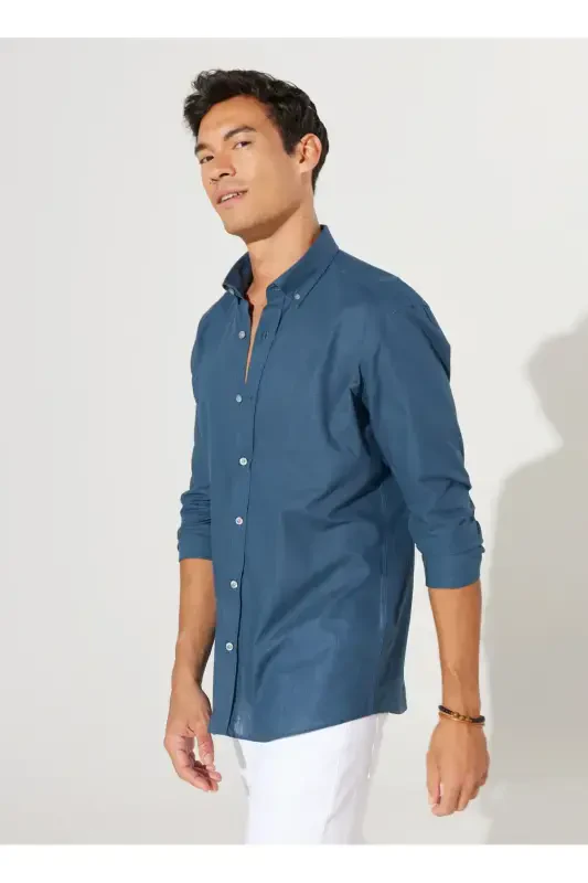 Altınyıldız Classics Slim Fit Düğmeli Yaka Petrol Erkek Gömlek 4A2021200056 - ALTINYILDIZ CLASSICS