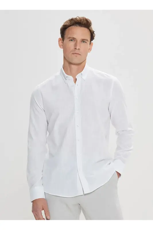 Altınyıldız Classics Slim Fit Düğmeli Yaka Beyaz Erkek Gömlek 4A2021200056 - ALTINYILDIZ CLASSICS