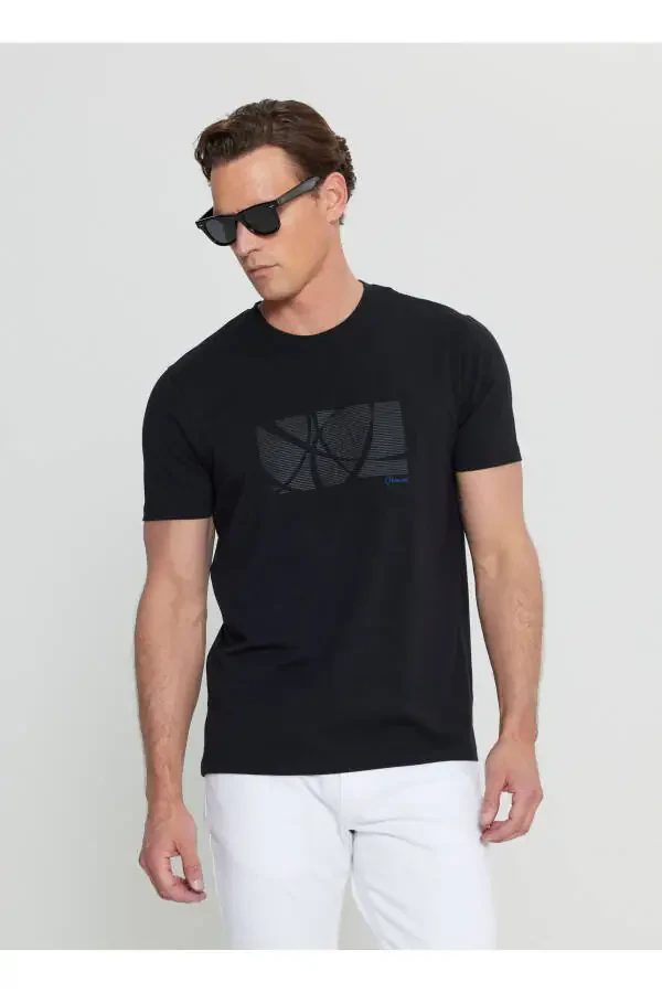 Altınyıldız Classics Велосипедная Шея С Принтом Черная Мужская Футболка ACE091252068_SYH - 1