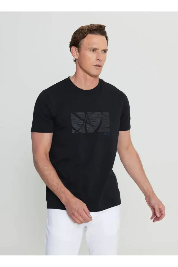 Altınyıldız Classics Велосипедная Шея С Принтом Черная Мужская Футболка ACE091252068_SYH - 3