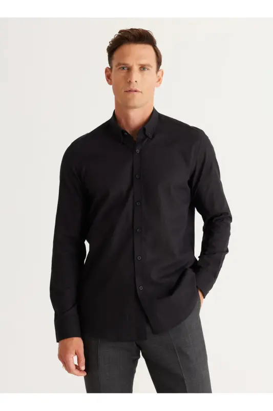 Altinyulduz Classics Slim Fit Tugmali Yaka Qora E - 1