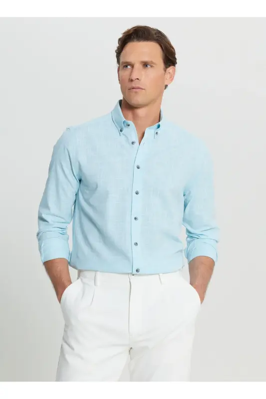 Altinyulduz Classics Slim Fit Tugmali Yaka Turkuaz - 1