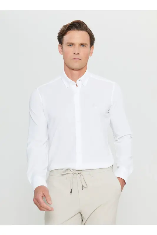 Altinyulduz Classics Slim Fit Tugmali Yoqa Oq Erkak Ko'ylak ACE020252157_BYZ - 1