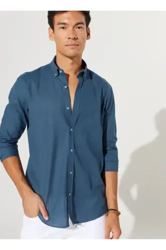 Altinyulduz Classics Slim Fit Tugmali Yaka Petrol Erkak Ko'ylak 4A2021200056 - 3