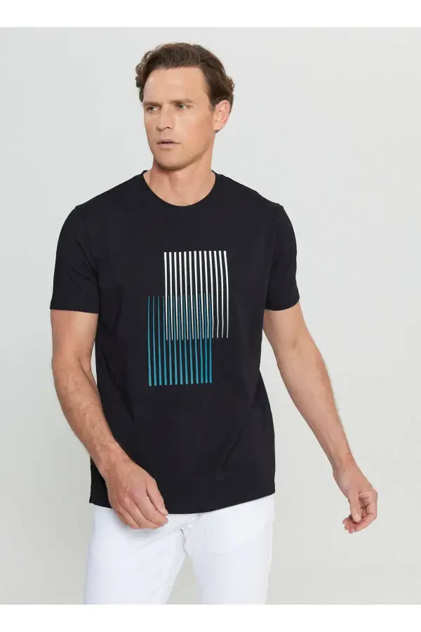 Altinyulduz Classics Velosiped Yoqali Bosmali Qora Erkaklar Futbolkasi ACE091252410_SYH - 1