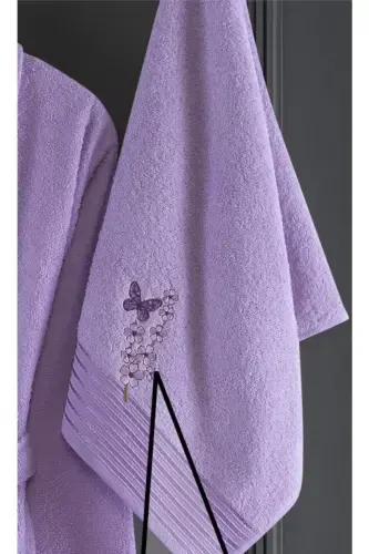 Alya Embroidered Cotton 2-Piece Bathrobe Set, Lilac - 2