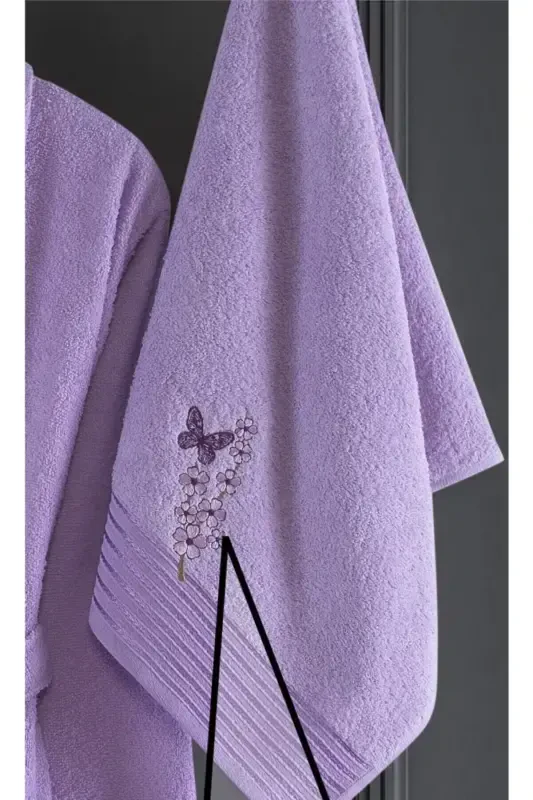 Alya Embroidered Cotton 2-Piece Bathrobe Set, Lilac - 2