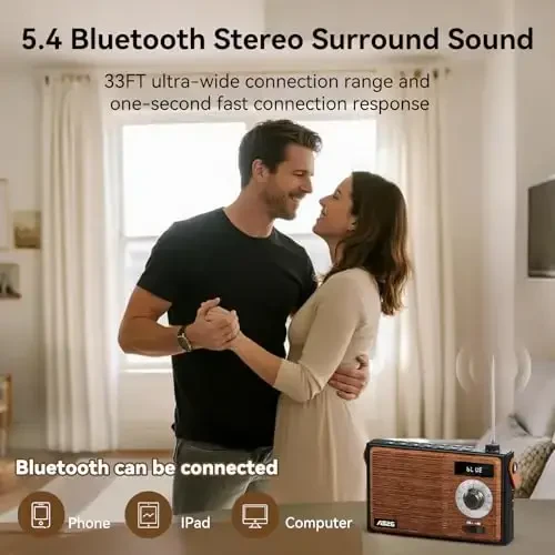 AM FM Radio Portable Retro Bluetooth Speaker Support USB/TF/AUX Player, Vintage Wireless Radio with Digital Display , Retro Radios Battery Powered or Plug in Wall for Home Office Outdoor, Gift - 4