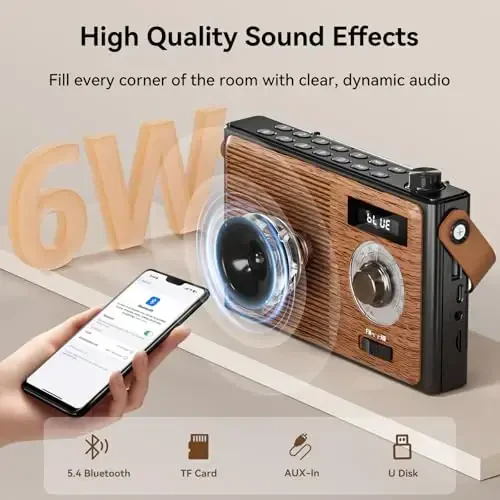 AM FM Radio Portable Retro Bluetooth Speaker Support USB/TF/AUX Player, Vintage Wireless Radio with Digital Display , Retro Radios Battery Powered or Plug in Wall for Home Office Outdoor, Gift - 3
