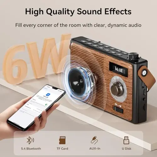 AM FM Radio Portable Retro Bluetooth Speaker Support USB/TF/AUX Player, Vintage Wireless Radio with Digital Display , Retro Radios Battery Powered or Plug in Wall for Home Office Outdoor, Gift - 3