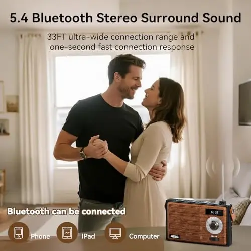 AM FM Radio Portable Retro Bluetooth Speaker Support USB/TF/AUX Player, Vintage Wireless Radio with Digital Display , Retro Radios Battery Powered or Plug in Wall for Home Office Outdoor, Gift - 4