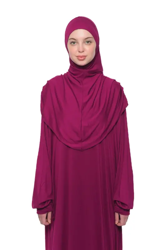 Amaliy bitta paxta yarasasi qanotli yechib olinadigan ro'molli organik namoz libosi to'q fuchsia-to'q fuchsia - 3
