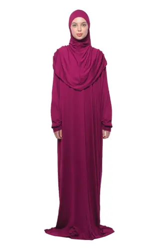 Amaliy bitta paxta yarasasi qanotli yechib olinadigan ro'molli organik namoz libosi to'q fuchsia-to'q fuchsia 