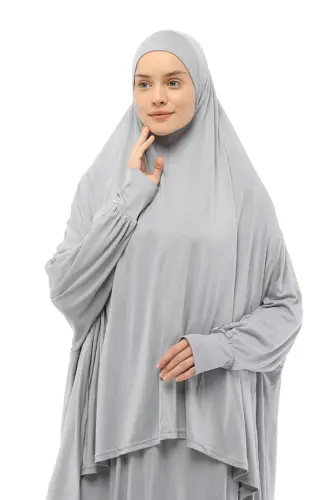 Amaliy Ikki Bo'lak Paxtalik Yarasa Yengli Boshli Organik Hijob Namoz Kiyimi-kulrang-Kulrang - 3