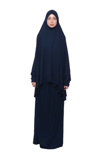 Amaliy ikki qismli paxtali yarasali yengli bosh o'ramli organik hijobli namoz libosi - to'q ko'k - to'q ko'k 