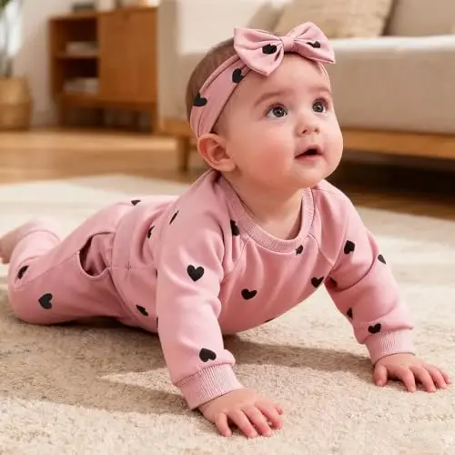 AMAWMW Infant Baby Girl Clothes Long Sleeve Loose Sweatshirts Pockets Pants Headband Outfits Fall Winter Spring Gift - 3