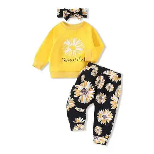 AMAWMW Infant Baby Girl Clothes Long Sleeve Loose Sweatshirts Pockets Pants Headband Outfits Fall Winter Spring Gift - 2