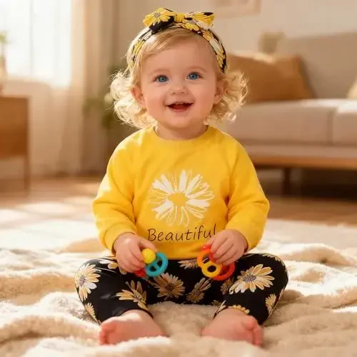 AMAWMW Infant Baby Girl Clothes Long Sleeve Loose Sweatshirts Pockets Pants Headband Outfits Fall Winter Spring Gift - 3
